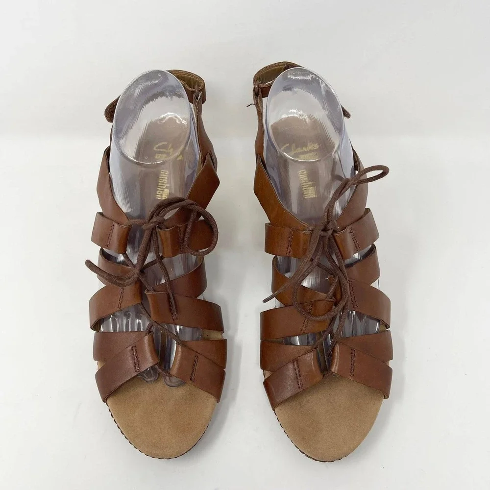 Clarks Helio Mindin Lace Up Cork Wedge Sandals Wms 10 Brown Leather Soft Cushion